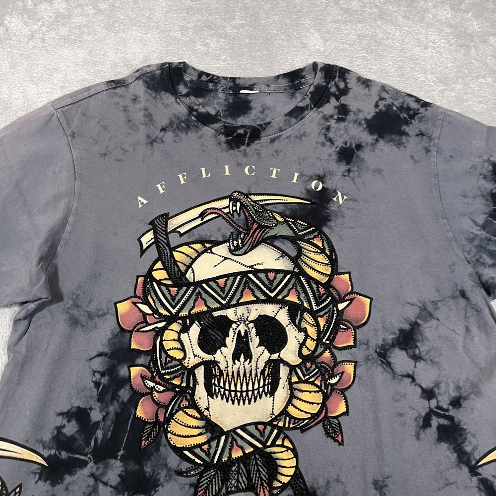 Affliction Shirt Mens Large Gray Tie Dye Skull‎ Snake Beaded Embroidered Casual